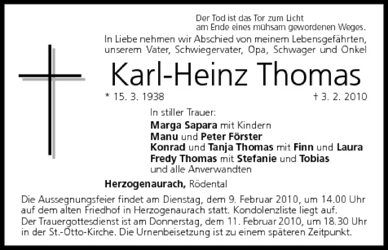  Traueranzeige für Karl-Heinz Thomas vom 06.02.2010 aus MGO