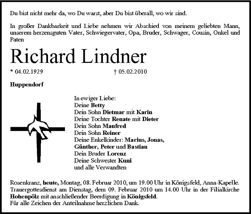  Traueranzeige für Richard Lindner vom 08.02.2010 aus MGO