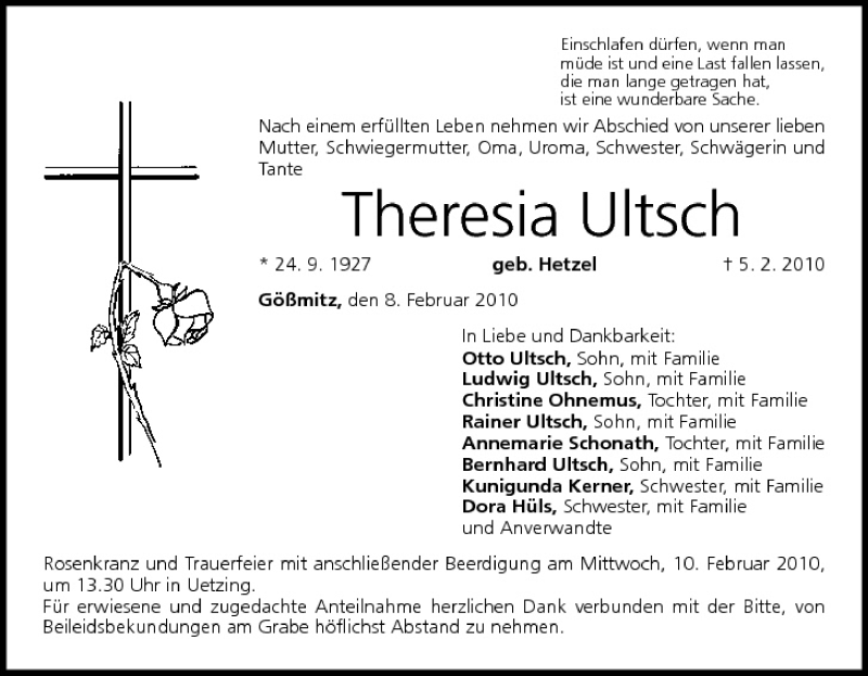  Traueranzeige für Theresia Ultsch vom 08.02.2010 aus MGO