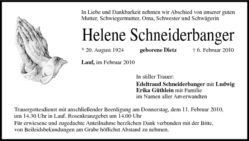  Traueranzeige für Helene Schneiderbanger vom 09.02.2010 aus MGO