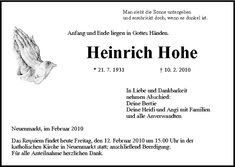  Traueranzeige für Heinrich Hohe vom 12.02.2010 aus MGO
