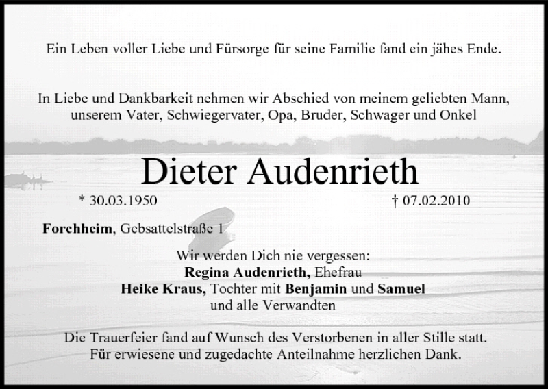  Traueranzeige für Dieter Audenrieth vom 13.02.2010 aus MGO