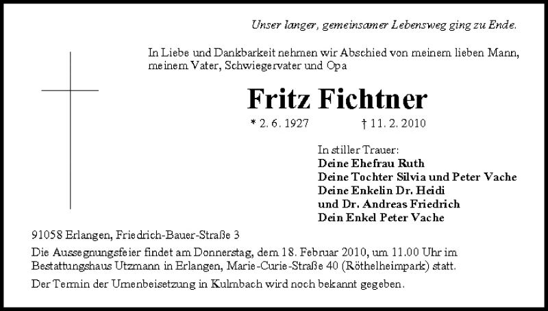  Traueranzeige für Fritz Fichtner vom 15.02.2010 aus MGO