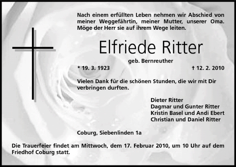  Traueranzeige für Elfriede Ritter vom 16.02.2010 aus MGO