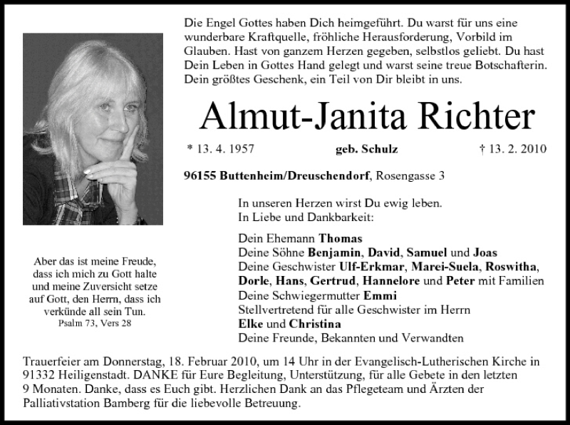  Traueranzeige für Almut-Janita Richter vom 15.02.2010 aus MGO