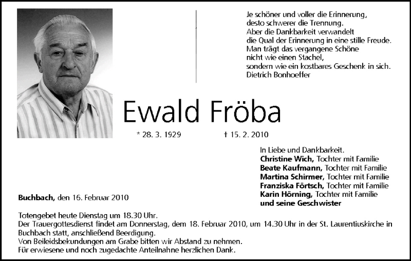  Traueranzeige für Ewald Fröba vom 16.02.2010 aus MGO