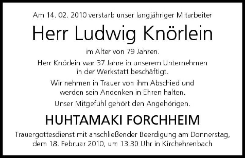  Traueranzeige für Ludwig Knörlein vom 17.02.2010 aus MGO