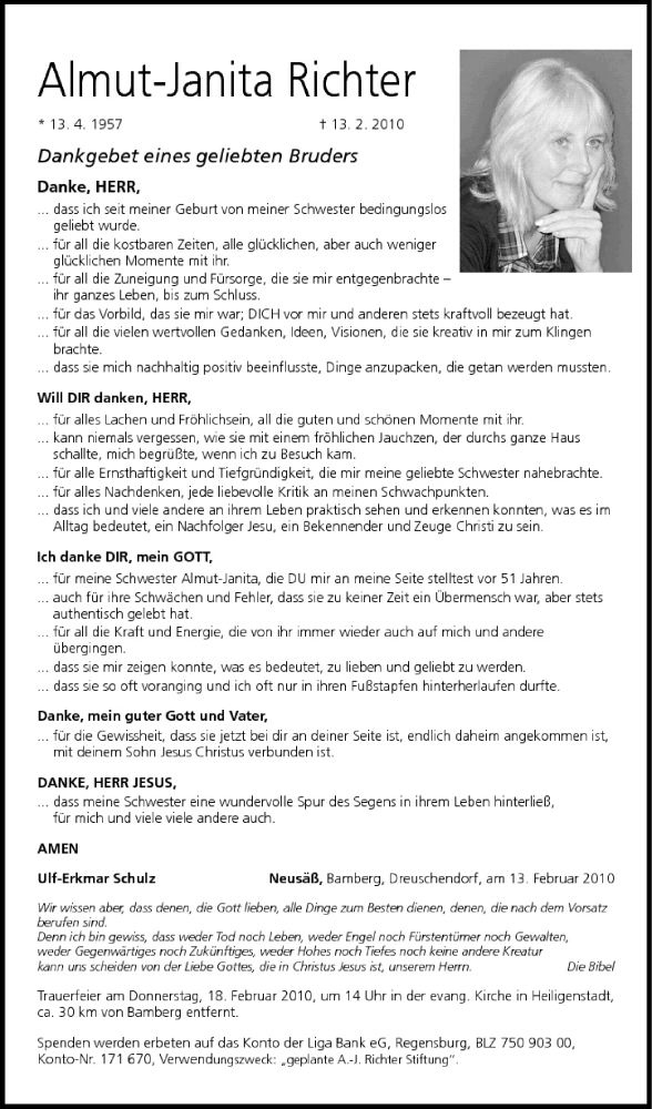  Traueranzeige für Almut-Janita Richter vom 17.02.2010 aus MGO