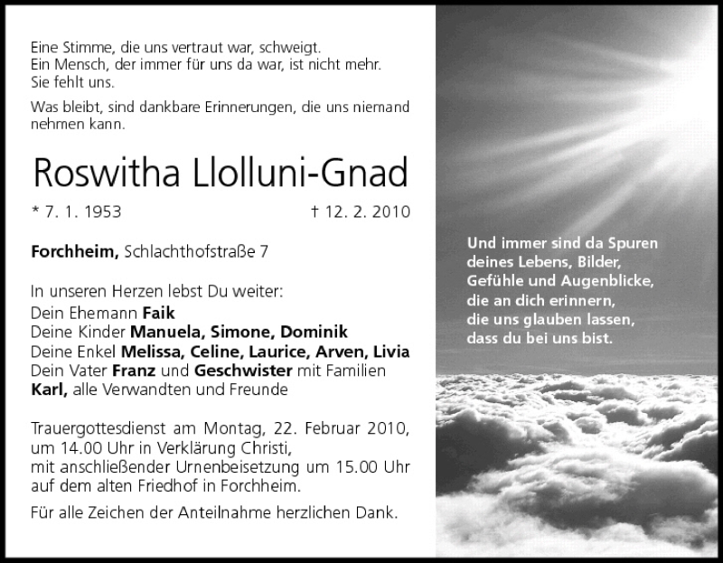  Traueranzeige für Roswitha Llolluni-Gnad vom 18.02.2010 aus MGO