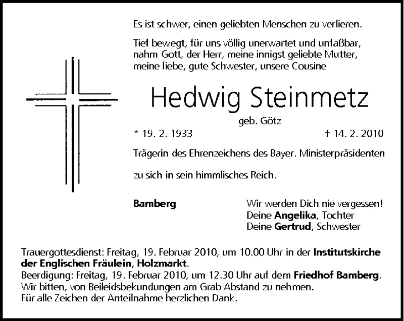  Traueranzeige für Hedwig Steinmetz vom 18.02.2010 aus MGO