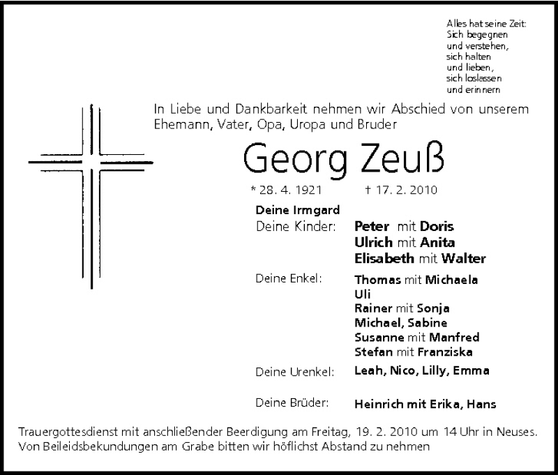  Traueranzeige für Georg Zeuß vom 18.02.2010 aus MGO