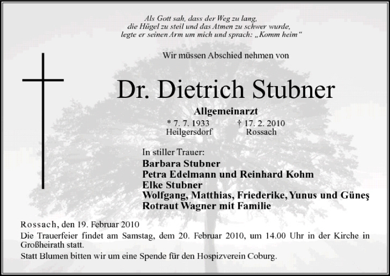  Traueranzeige für Dietrich Stubner vom 19.02.2010 aus MGO