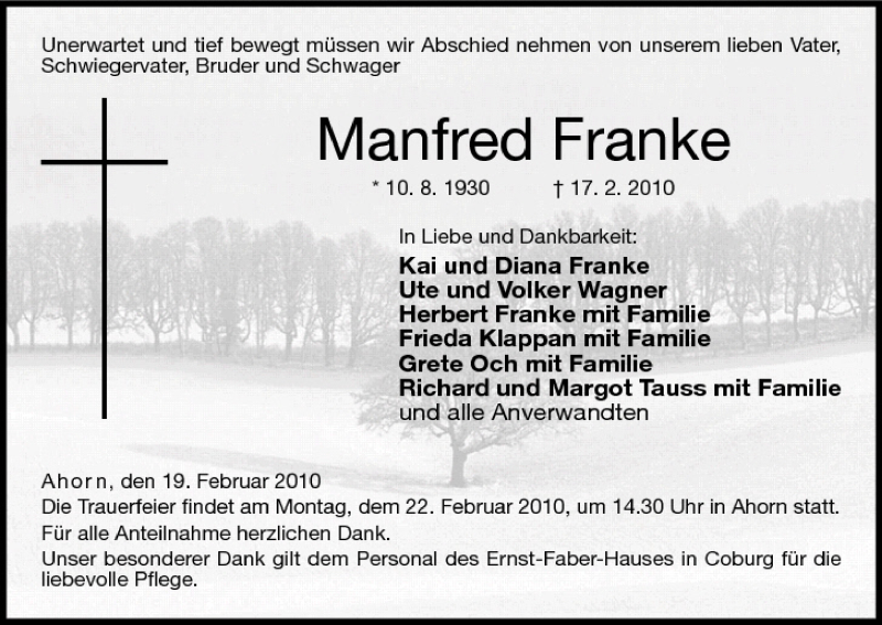  Traueranzeige für Manfred Franke vom 19.02.2010 aus MGO