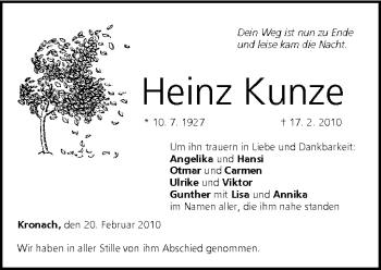 Anzeige von Heinz Kunze von MGO