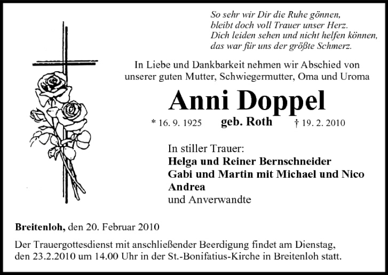  Traueranzeige für Anni Doppel vom 20.02.2010 aus MGO