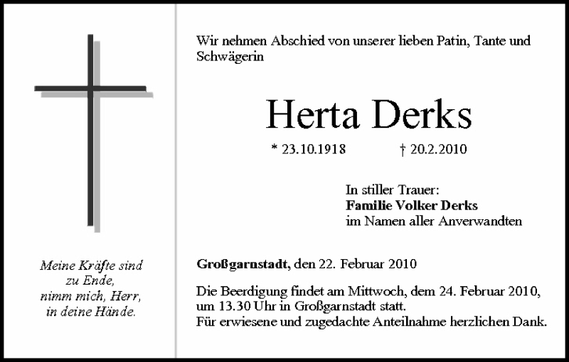  Traueranzeige für Herta Derks vom 22.02.2010 aus MGO
