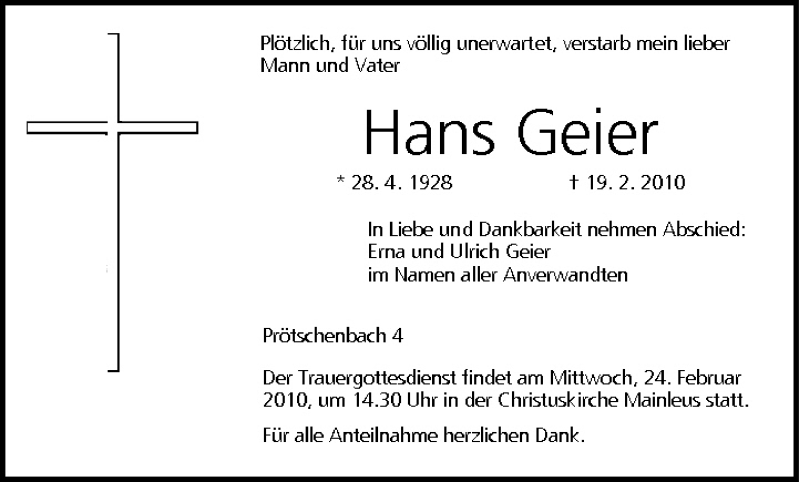  Traueranzeige für Hans Geier vom 22.02.2010 aus MGO
