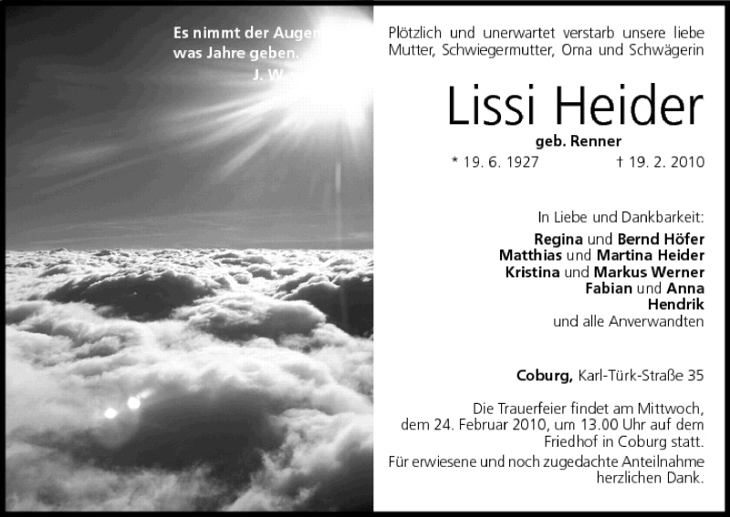  Traueranzeige für Lissi Heider vom 22.02.2010 aus MGO