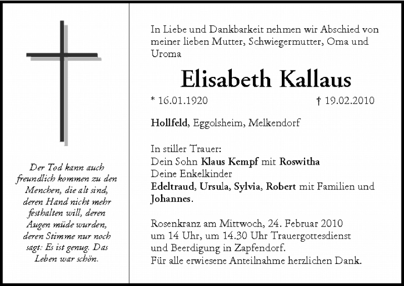  Traueranzeige für Elisabeth Kallaus vom 23.02.2010 aus MGO