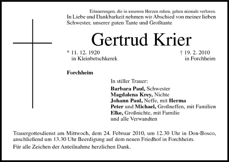  Traueranzeige für Gertrud Krier vom 23.02.2010 aus MGO