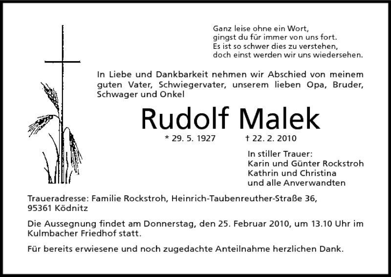  Traueranzeige für Rudolf Malek vom 24.02.2010 aus MGO