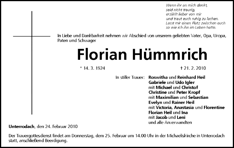  Traueranzeige für Florian Hümmrich vom 24.02.2010 aus MGO
