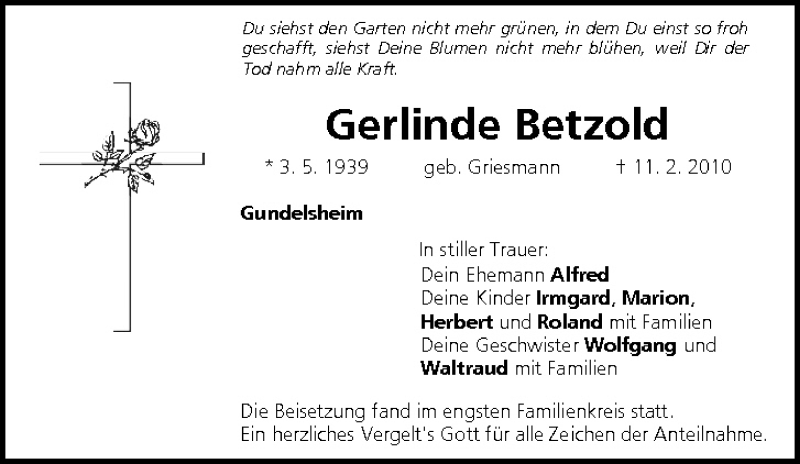  Traueranzeige für Gerlinde Betzold vom 27.02.2010 aus MGO