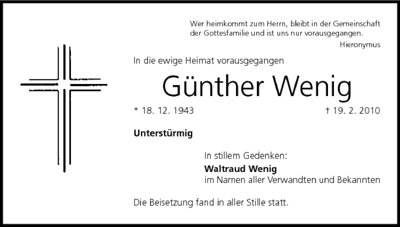  Traueranzeige für Günther Wenig vom 25.02.2010 aus MGO