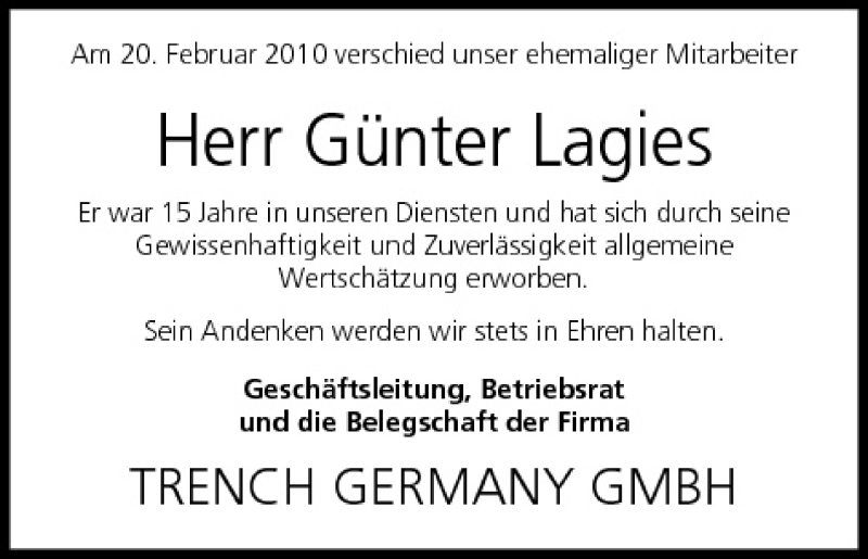  Traueranzeige für Günter Lagies vom 24.02.2010 aus MGO