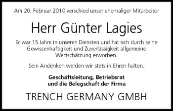 Anzeige von Günter Lagies von MGO