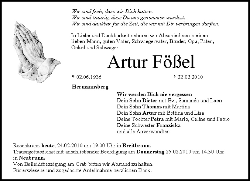  Traueranzeige für Artur Fößel vom 24.02.2010 aus MGO