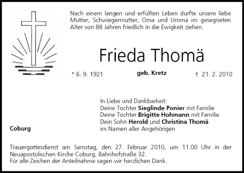  Traueranzeige für Frieda Thomä vom 24.02.2010 aus MGO