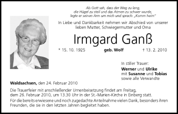 Anzeige von Irmgard Ganß von MGO