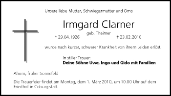 Anzeige von Irmgard Clarner von MGO