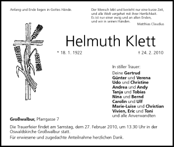 Anzeige von Helmuth Klett von MGO
