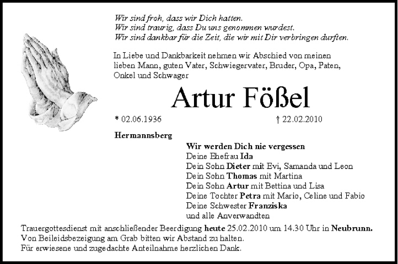  Traueranzeige für Artur Fößel vom 25.02.2010 aus MGO