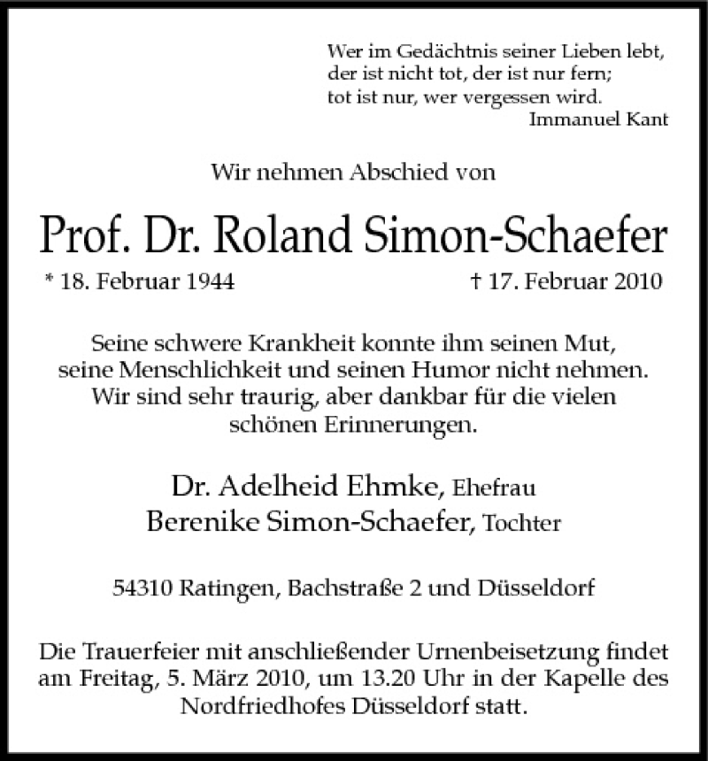  Traueranzeige für Roland Simon-Schaefer vom 27.02.2010 aus MGO