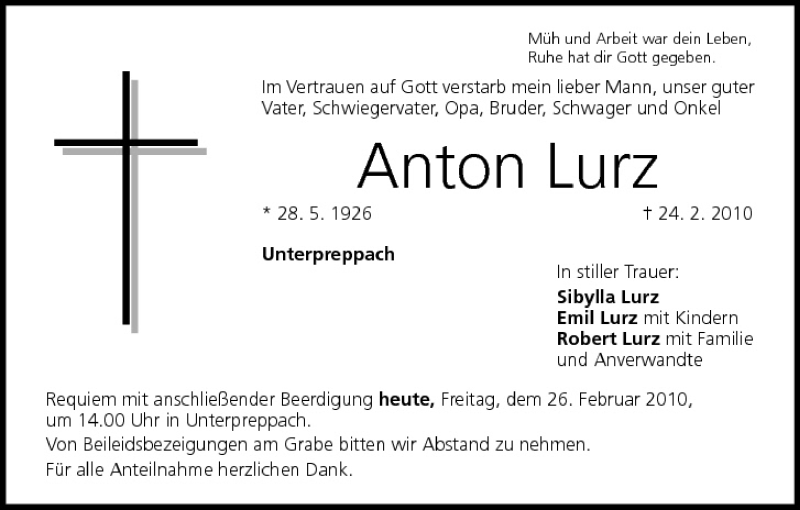  Traueranzeige für Anton Lurz vom 26.02.2010 aus MGO