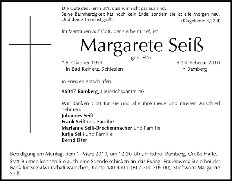  Traueranzeige für Margarete Seiß vom 27.02.2010 aus MGO