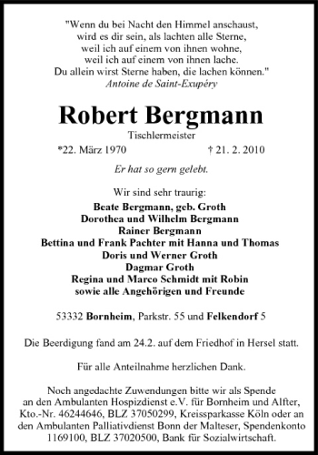 Anzeige von Robert Bergmann von MGO