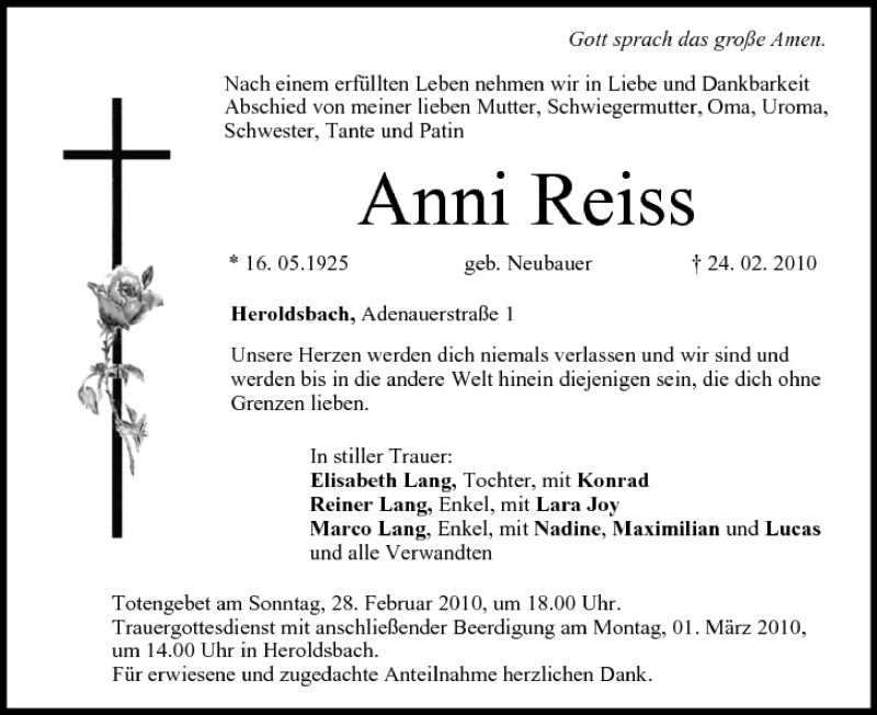  Traueranzeige für Anni Reiss vom 26.02.2010 aus MGO