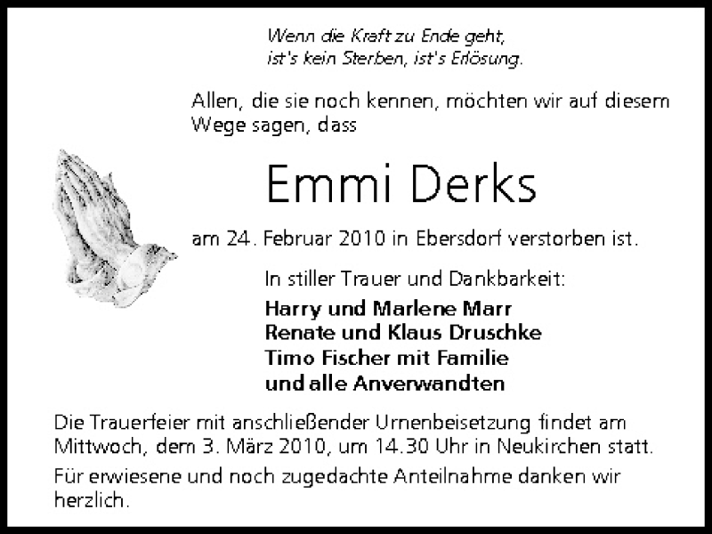  Traueranzeige für Emmi Derks vom 27.02.2010 aus MGO