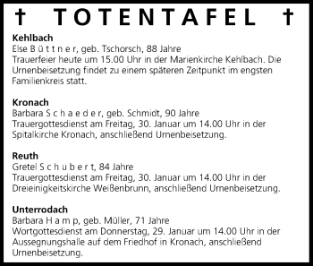 Anzeige von Totentafel vom 29.01.2015 von MGO