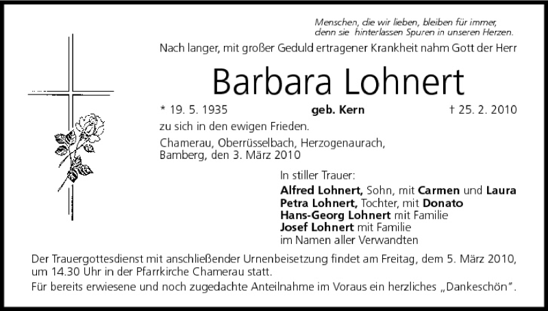  Traueranzeige für Barbara Lohnert vom 03.03.2010 aus MGO