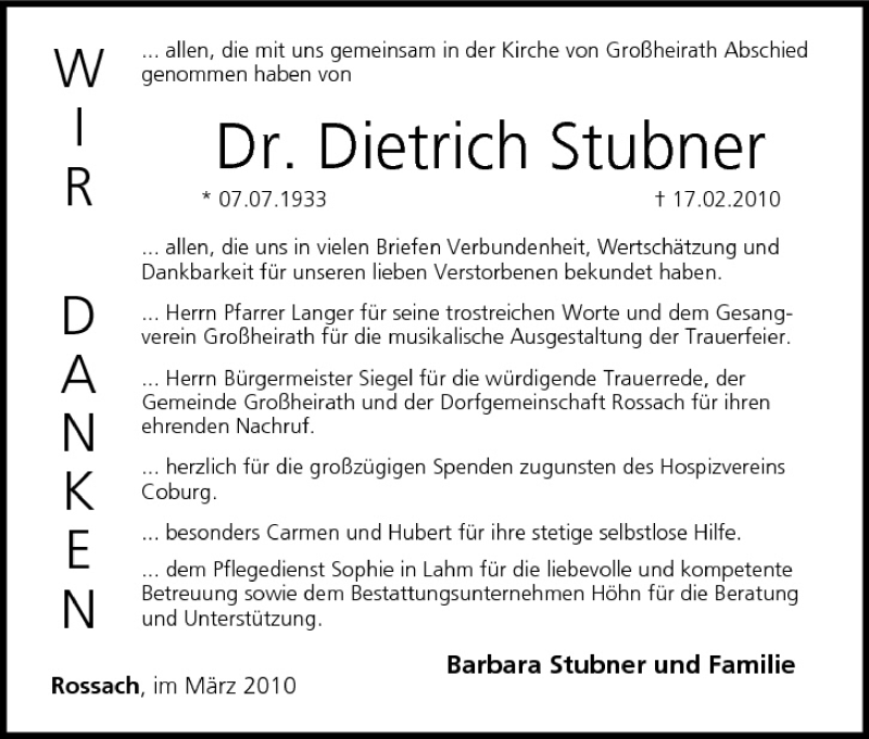  Traueranzeige für Dietrich Stubner vom 06.03.2010 aus MGO