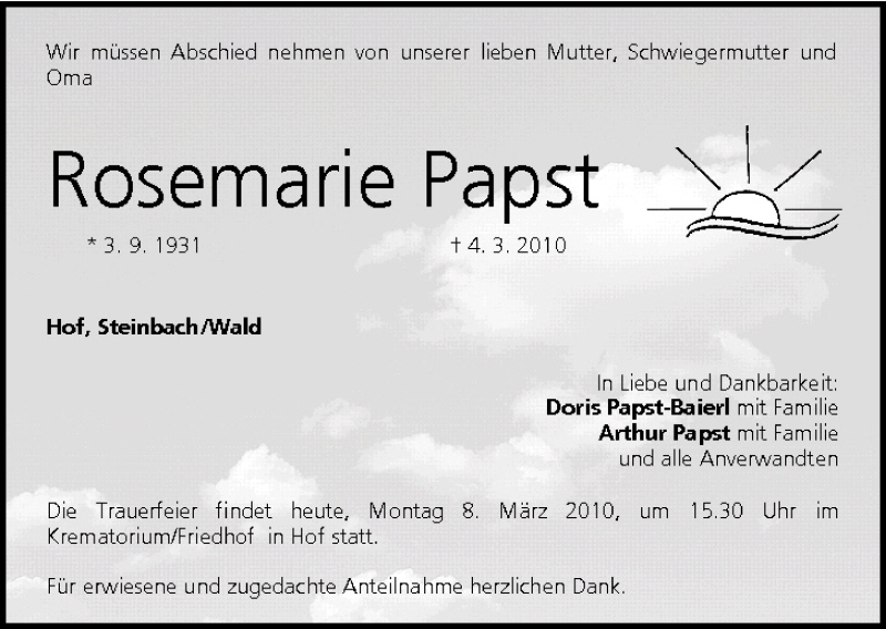  Traueranzeige für Rosemarie Papst vom 08.03.2010 aus MGO