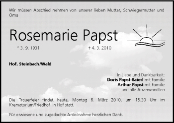 Anzeige von Rosemarie Papst von MGO