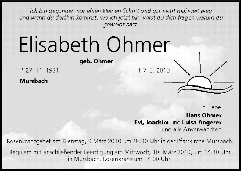  Traueranzeige für Elisabeth Ohmer vom 08.03.2010 aus MGO