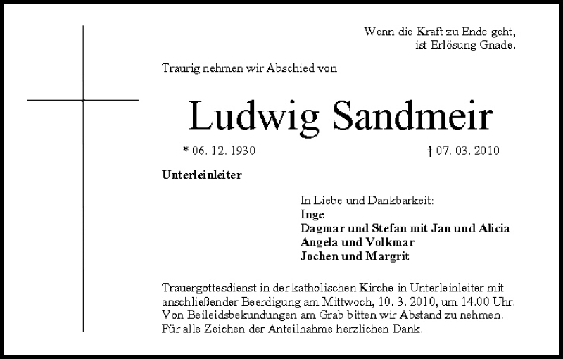  Traueranzeige für Ludwig Sandmeir vom 08.03.2010 aus MGO