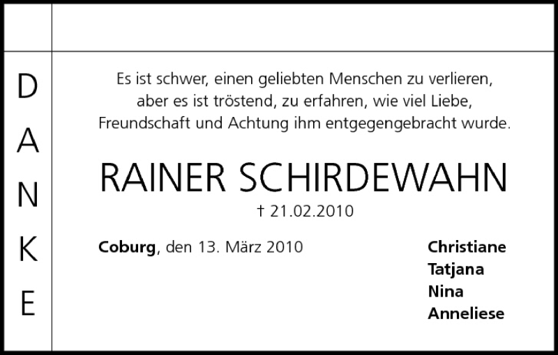  Traueranzeige für Rainer Schirdewahn vom 13.03.2010 aus MGO